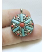 Vintage Tibetan Round Pendant with Coral &amp; Green Inlay – Boho Ethnic Jew... - $63.06 CAD