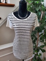 Old Navy White Black Sequin Stripes Round Neck Short Sleeve Top Blouse Large - £19.75 GBP