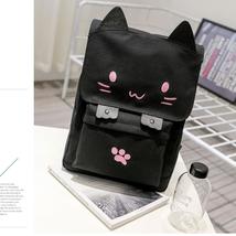 Cute Cat Cartoon Embroidery Backpack Canvas School Casual Bag Black Ears 1pcs Us - £22.97 GBP