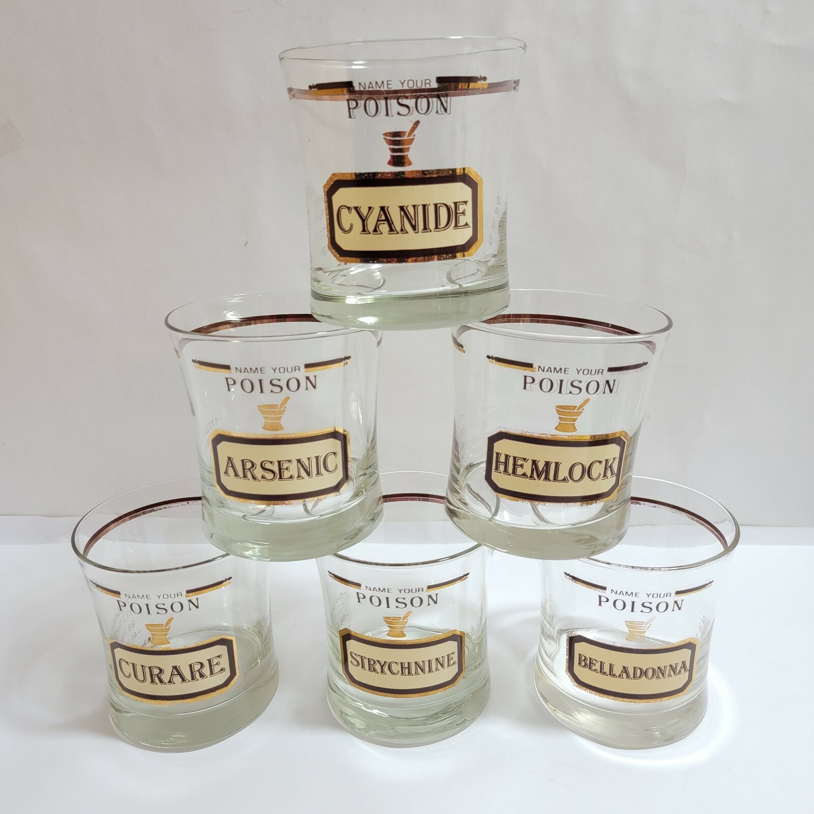 Lot of 6 Vintage MCM ©CERA Rocks Drinking Glasses Name Your Poison 22kt ... - $217.55