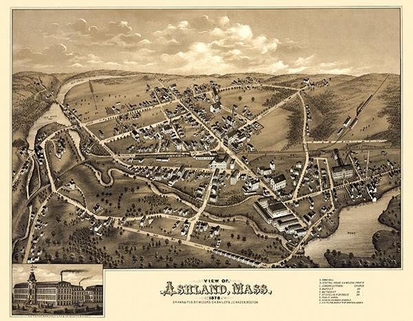 Ashland, Massachusetts - 1878 - Aerial Bird's Eye View Map Poster - $9.99 - $32.99
