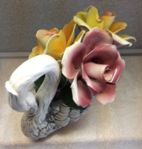 Italian CAPODIMONTE Swan Centerpiece 1960&#39;s Porcelain Flowers 10&quot;x8&quot; Serene - £45.37 GBP