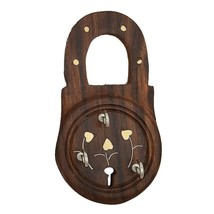 India Handmade Wooden Wall Hanging Lock Shaped Key Holder Hanger 3 Hooks - £10.93 GBP