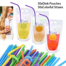 100 Drink Pouches Reusable Juice Smoothie Stand Up Zipper Bags With Stra... - £22.66 GBP