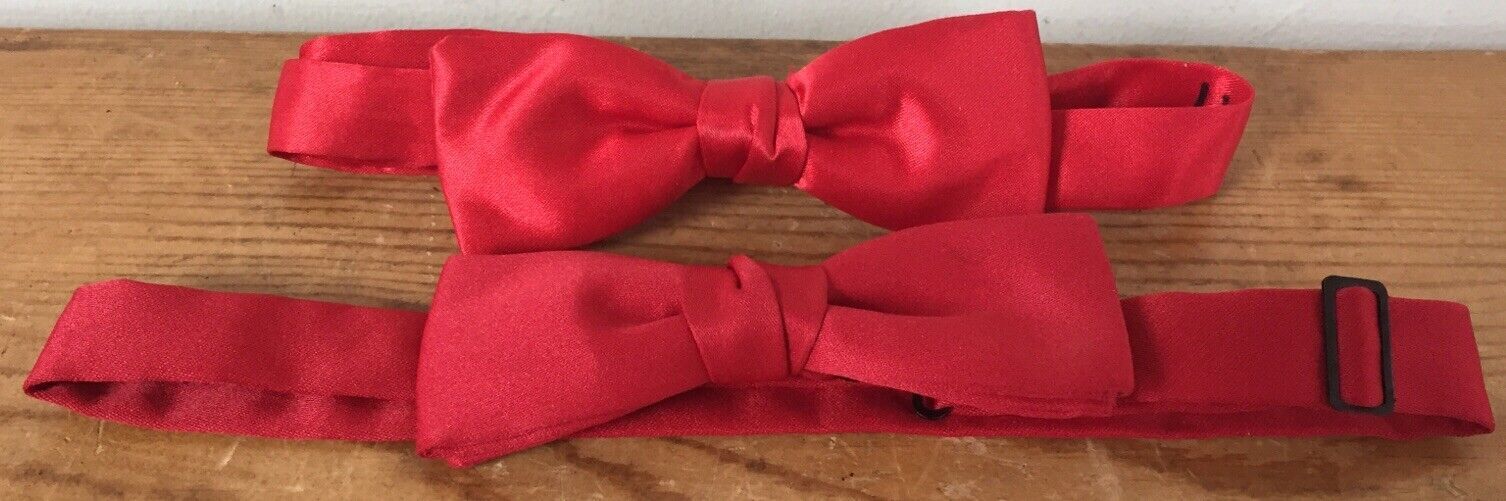 Primary image for Pair 2 Vtg Bright Red Satin Mens Formal Tuxedo Adjustable Bowtie Bow Ties 4.5"