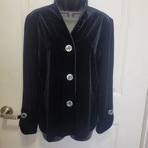 Harve Bernard Women&#39;s Button Medium Jacket Long Black Velvet Velour Vintage EUC - £15.50 GBP