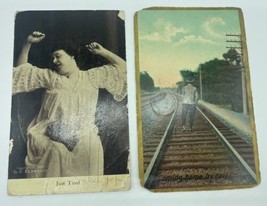 Two Vintage Postcards with Wear Too Tired &amp; Man Walking On Railroad Trac... - £3.89 GBP