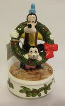 Vintage Schmid Goofy Mickey Music Box &#39;81 Rudolph Christmas Wreath Ceramic #4319 - £17.34 GBP