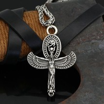 Men Egyptian Silver Isis Goddess Ankh Cross w. Eye of Horus Pendant Necklace 24&quot; - £7.81 GBP