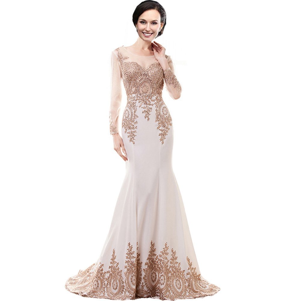 Kivary Vintage Illusion Long Sleeves Mermaid Gold Lace Crystals Prom Evening Dre