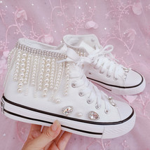  Tassel High Top Women Canvas Shoes Beading Casual White Shoes Children&#39;s Studen - £42.67 GBP