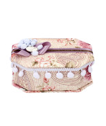 Cream, Pink and Light Blue Fabric Octagonal Shape Jewelry Box with Ornam... - $13.50