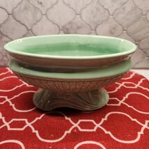 Green Ceramic Glazed Footed Pedestal Planter Fruit Bowl MCM 60s Oval Swi... - $20.78