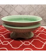 Green Ceramic Glazed Footed Pedestal Planter Fruit Bowl MCM 60s Oval Swi... - $20.78