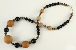 Vintage 1980&#39;s Costume Jewelry 26&quot; Long Beaded Black Plastic &amp; Wood Necklace - £15.12 GBP