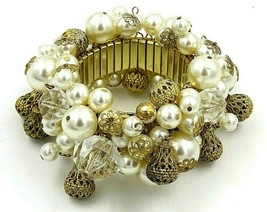 Vintage Faux Pearl Gold Tone Expandable Bracelet Teardrop Metal Dangles - $146.69 MXN