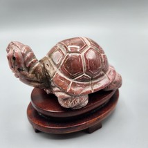 Rhodonite Turtle Figurine Hand Carved Statuette 4&quot; Wood Base Semi-Precio... - £115.85 GBP