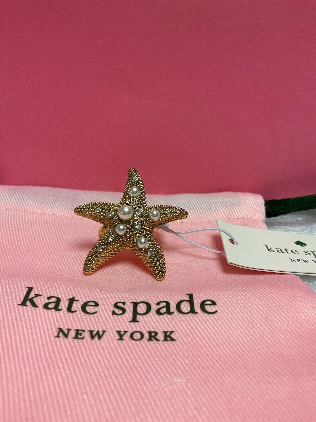 Primary image for NWT Kate Spade SEA STAR Gold Plated Glass Pearl/Stone Starfish Ring Size 8