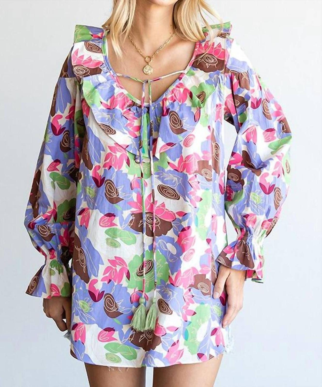 First Love floral ruffle v-neck tassel drawstring top White Multi - $25.00