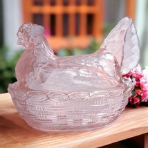 Pink Glass LARGE Nesting Hen Chicken On Nest Basket Covered Candy Dish 8... - £40.48 GBP