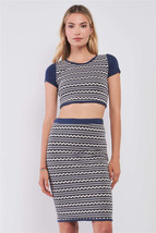 Women&#39;s Navy &amp; White Short Sleeve Crop Top &amp; Pencil Skirt Two Piece Set - €16,80 EUR