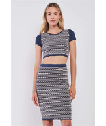 Women&#39;s Navy &amp; White Short Sleeve Crop Top &amp; Pencil Skirt Two Piece Set - $356.67 MXN