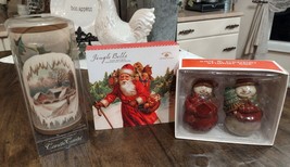 Michel Jingle Bells Bar Soap Snowman Salt/Pepper Shakers &amp; Christmas Candle Set - £24.03 GBP