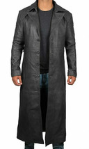 Men&#39;s Long Black Button Front Duster Full Length Real Leather Trench Over Coat - £61.76 GBP+