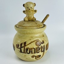 Pottery Craft Honey Pot Jar Bear on Top Includes Dipper 7&quot; USA Stoneware VTG - $15.63