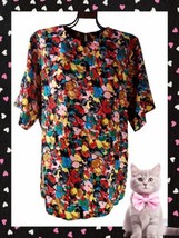 ARGENTI BLOUSE 10 100% PURE SILK FLORAL SHORT SLEEVE BUTTON COLORFUL  - $12.87