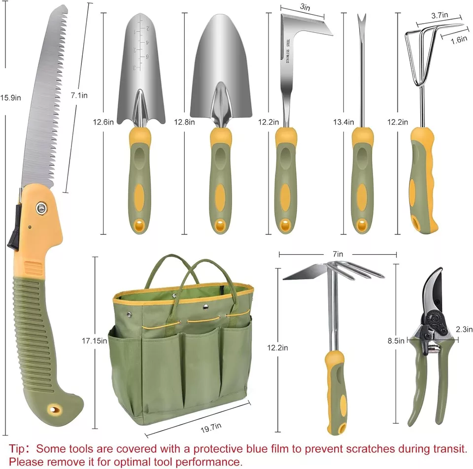 Garden Tool Set, 9 Piece Stainless Steel Heavy Duty Green Gardening Tools with - £59.79 GBP