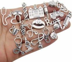 60 Nurse Charms Doctor Pendants Themed Antiqued Silver Assorted Medical Jewelry - £15.58 GBP