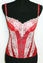 CORSET OVER BUST TANK 34B RED &amp; WHITE LACE PADDED HOOK &amp; EYE SPAGHETTI S... - £21.78 GBP