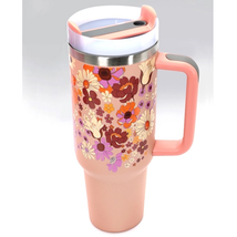 Peach Floral Flowers Cottage Print 40 oz Stainless Steel Insulated Tumbler - £29.96 GBP