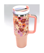 Peach Floral Flowers Cottage Print 40 oz Stainless Steel Insulated Tumbler - £29.51 GBP