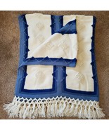 Vintage 1968 Hand Crochet Afghan Blanket Blue Beige w/ Tassels 54x66 Inch - $225.00