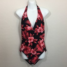 Speedo Womens Black Coral Hawaiian Floral Halter One Piece Bathing Swimsuit 14 - £31.46 GBP
