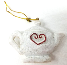Heart Tea Pot Christmas Ornament Resin Hand Painted White Red Vintage - £9.86 GBP