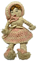 Vintage Handmade Crocheted Doll Pink and White Brown Hair 15 Inches - $13.59