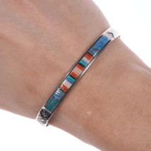 6 5/8&quot; Vintage Zuni Silver Channel inlay cuff bracelet with stamped design - £74.79 GBP