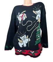 Vtg Christmas Sweater Angel Polar Bears Tree Black Soft JJ Poole Not Ugl... - $38.60
