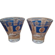 Vintage Set of 2 Mid Century Hazel Atlas Whiskey Glass Blue Gold Wheat Grapes - £15.26 GBP