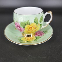 Crownford Teacup &amp; Saucer England Fine Bone China Pink Yellow Roses on G... - £14.21 GBP