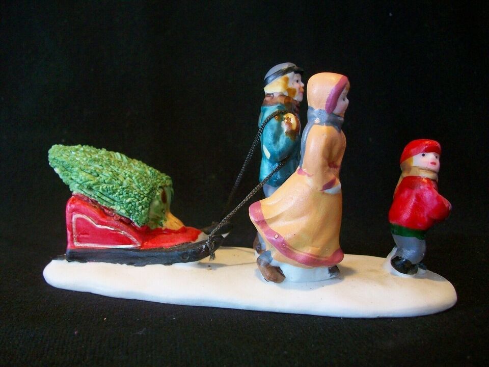 Lemax 1994 Dickensvale Porcelain Family Pulling Tree Accessory Sled Boy Mom Dad - £23.59 GBP