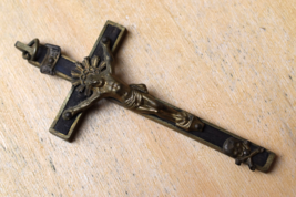 ⭐antique French crucifix wood &amp; bronze with skull bones⭐ - £43.64 GBP