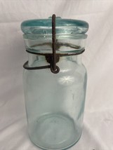 Putnam Trademark Lightning Aqua Glass Mason Jar With Lid 1800’s Beautiful - $39.27