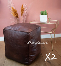 Set of 2 Handmade &amp; Stitched Moroccan Square Pouf, Genuine Leather, Dark... - £110.12 GBP