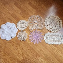 Vintage Crocheted Doilies Lot Of 7 Round Rectangle White Purple Beige - £9.63 GBP