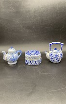 Vintage Set 3: China Miniature Tea Pots Ceramic With Lids 3” &amp; 1 Trinket Box - £20.15 GBP