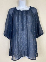 DB Womens Size L Sheer Blue Floral Popover Blouse Elbow Sleeve Ruffle Neck - $7.38
